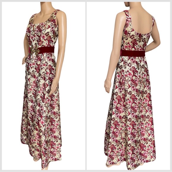 Vintage Gino Charles Brocade Metallic Maxi Dress with Velvet Belt XS Small - Picture 7 of 16